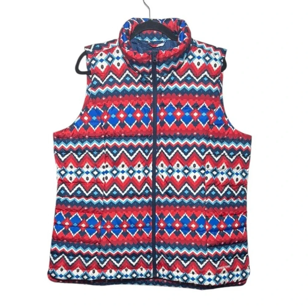 Lands End Down Puffer Vest Womens‎ Size XL/T Full Zip 600 Fill Aztec